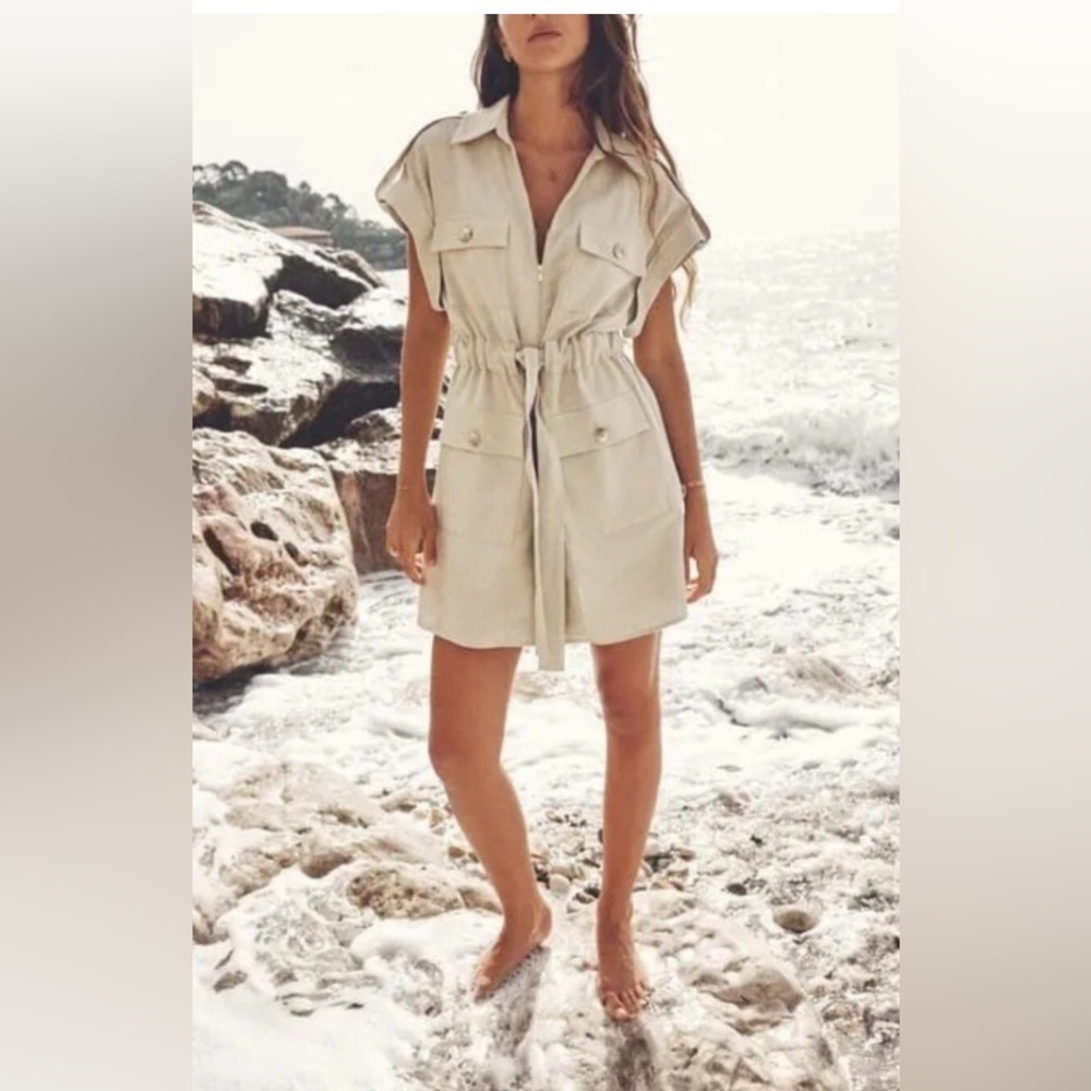 Zara Linen-blend Beige Belted Dress